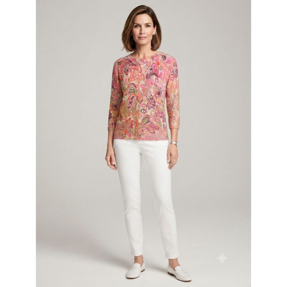 Talbots Womens Sweater Paisley Sz M 3/4 Sleeve Preppy Modest Casual Office